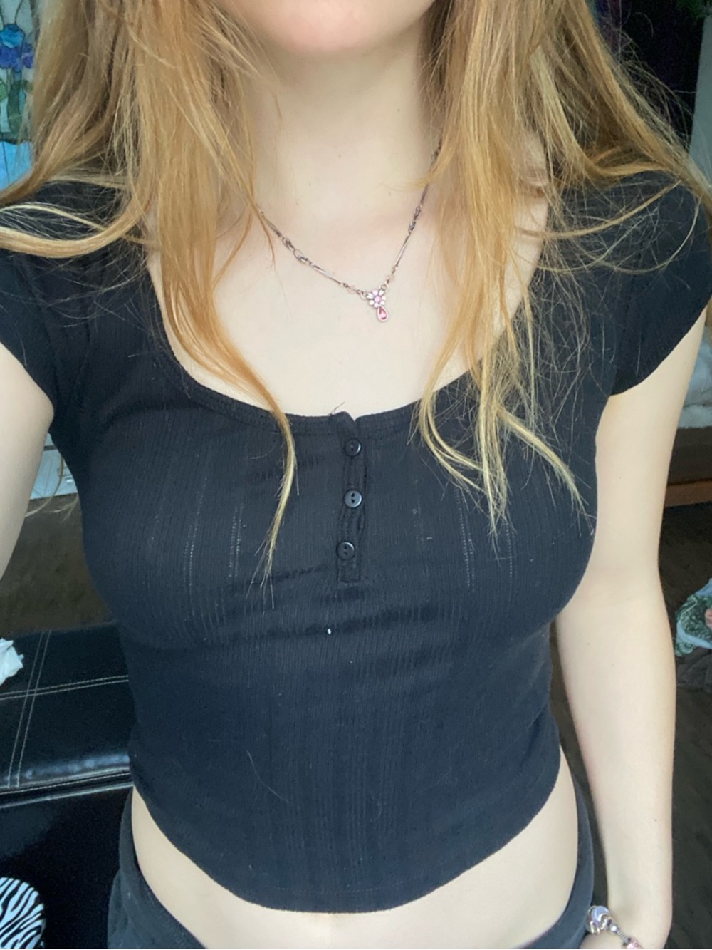 Classic Black Ribbed Henley Crop Top - Women's